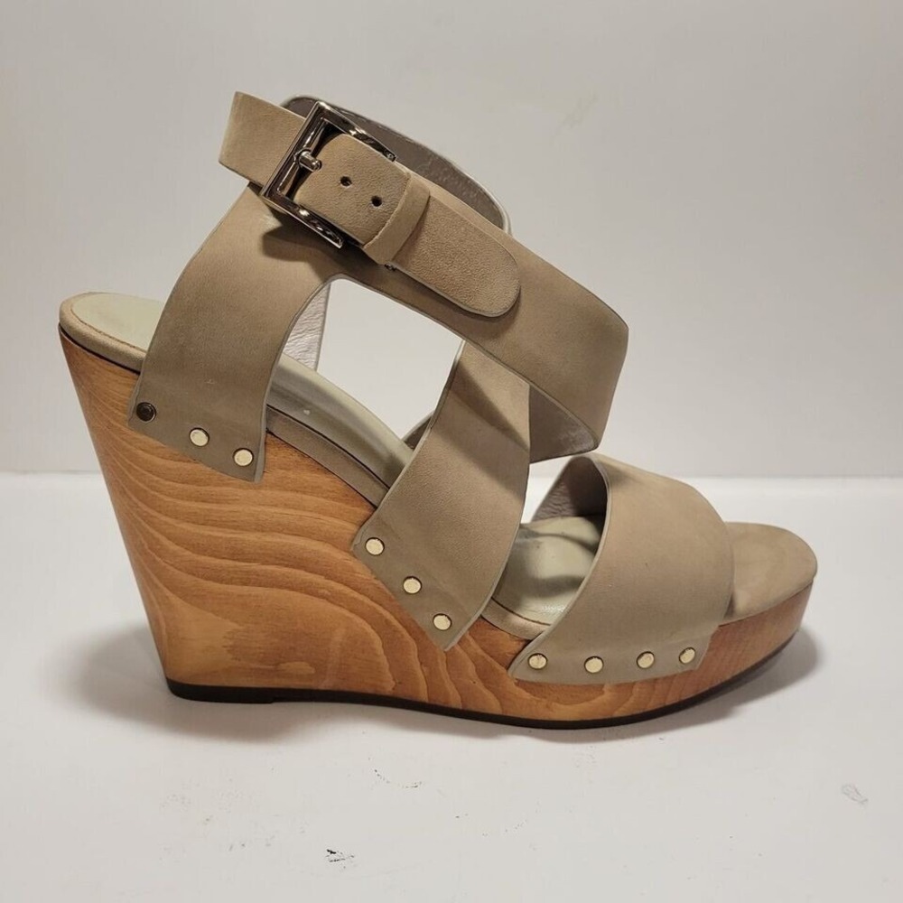 JOIE Taupe Cecilia 4.5" Wedge Sandals Women Size 7 Suede Wood Platform Strappy